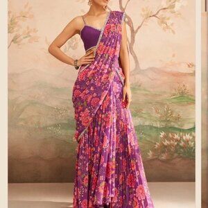 Lashkaraa Purple & Pink Georgette Floral Printed Pre-Draped Saree/Sari Set